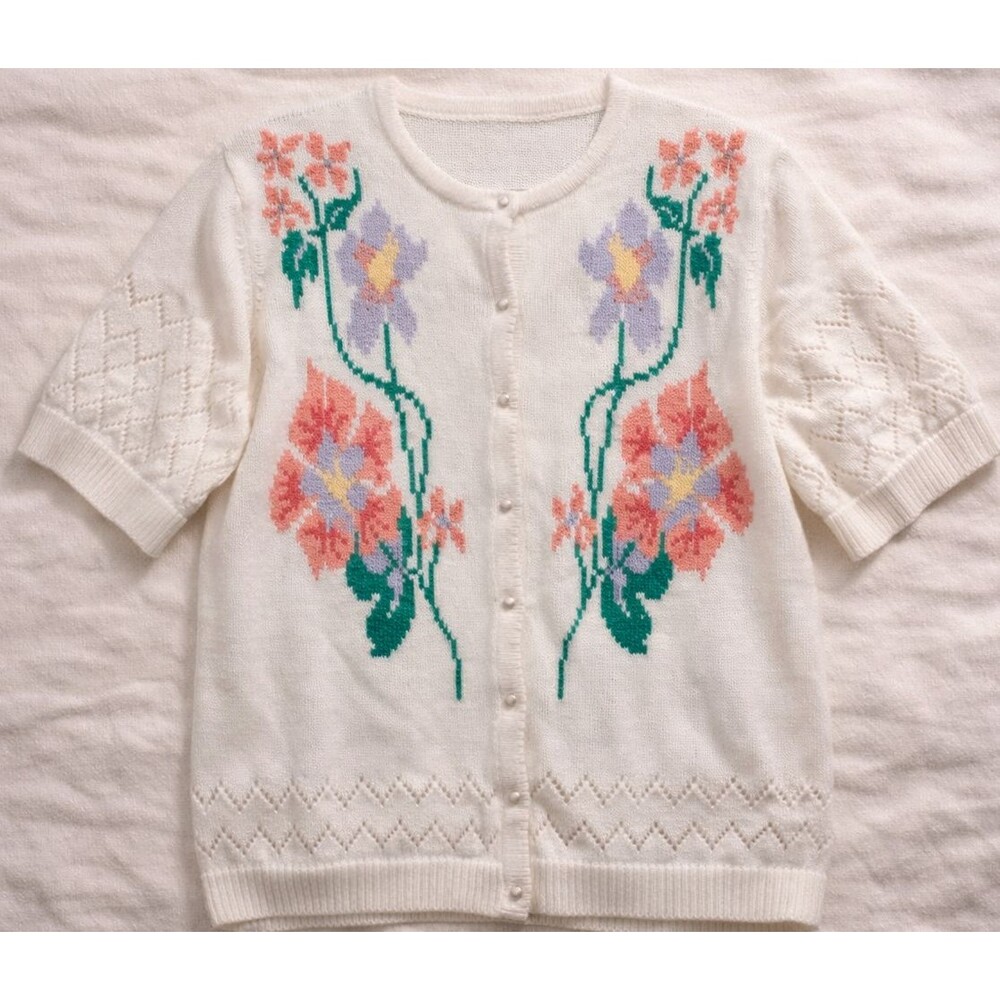 ARCHIE BROWN FLORAL CARDIGAN VTG EMBROIDERED COTTON L